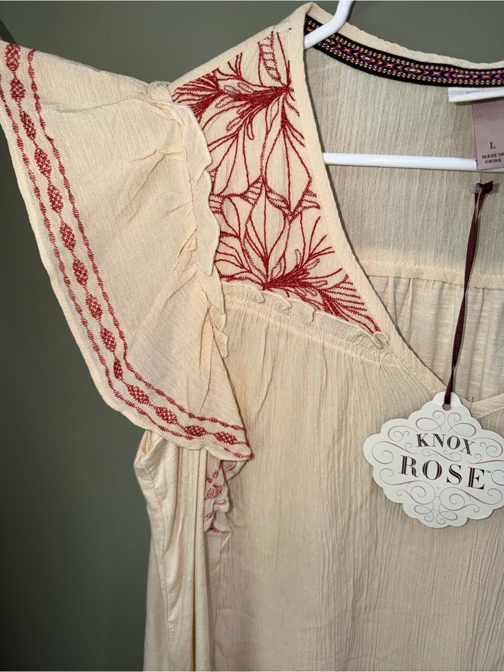 Knox Rose Cream Blouse with Dark Red Embroidery and Ruffled Sleeves sz L New - Picture 4 of 6